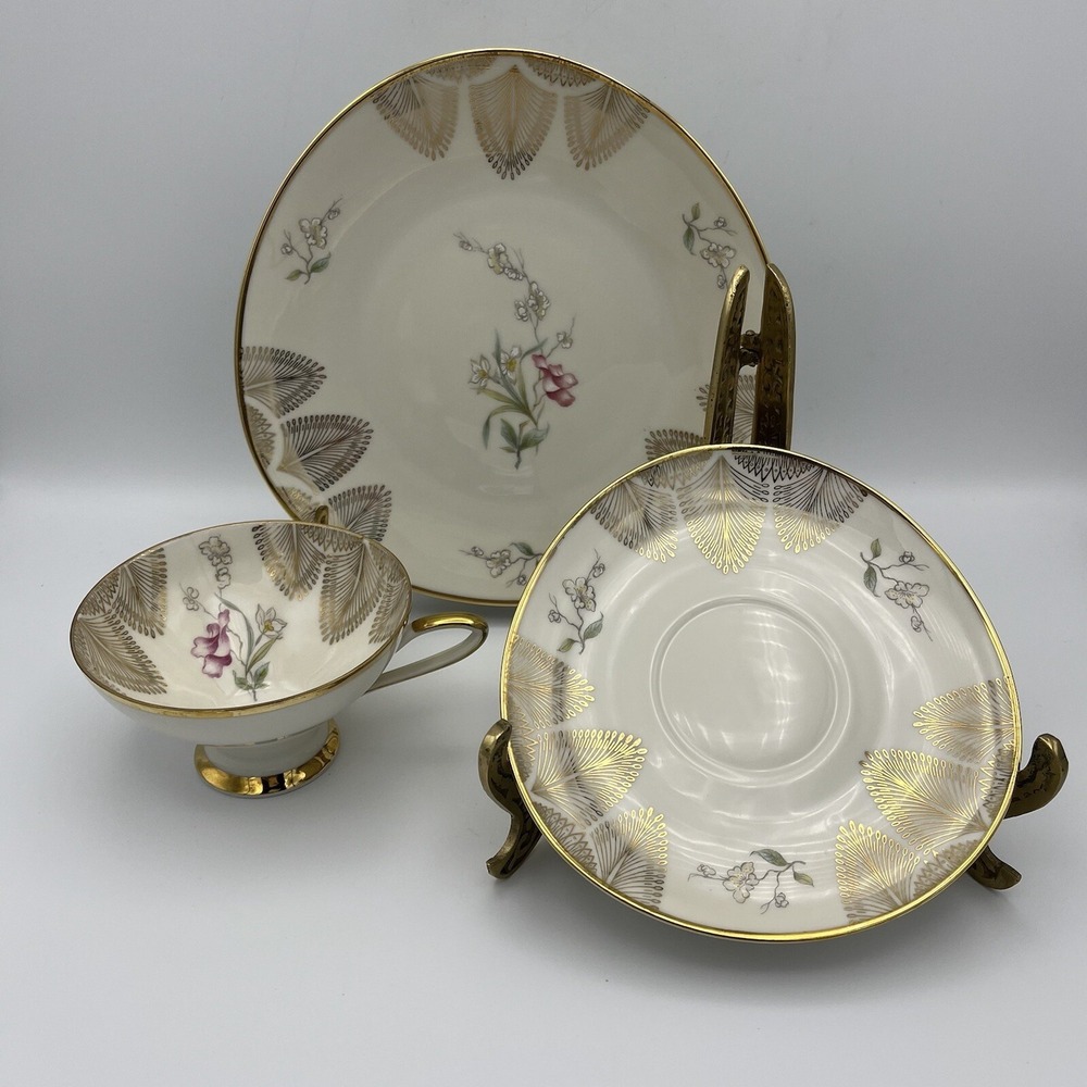 3 Pcs Winterling Roslau Trio Tea‎ Cup Saucer Dessert Luncheon Plate Floral Gold